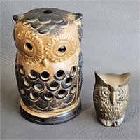 Pottery Owl Luminary & Brass Owl Paperweight