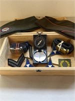 Wooden Box w/World War II collectibles including