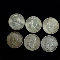 Lot of Six 90% Silver Ben Franklin Half Dollars