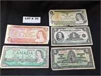 Canadian Currency, 4-$1 Notes, 1-$2 Note