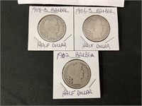 1902, 1906-S and 1908-D Barber Half Dollars