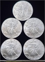 (5) 2002 American 1oz. Silver Eagle Coins Uncircul