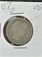 1907 O Barber Silver Quarter