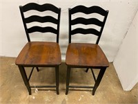 2 Black w/ Wood Tone Seat Bar Stools