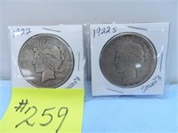 (2) 1922 & 1922s Peace Silver Dollars, Smooth