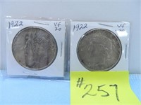 (2) 1922 Peace Silver Dollars, Vf-20