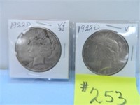 (2) 1922D Peace Silver Dollars, Vf-20