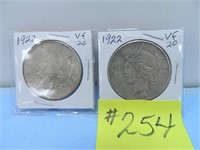 (2) 1922 Peace Silver Dollars, Vf-20