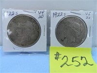 (2) 1922s Peace Silver Dollars, Vf-20