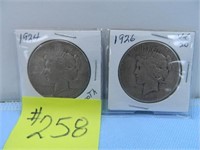 (2) 1924 Smooth, 1926 Vf-20 Peace Silver Dollars