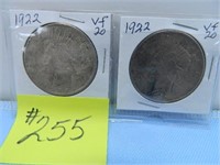 (2) 1922 Peace Silver Dollars, Vf-20