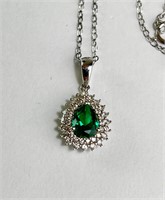 18" Sterling Synthetic Emerald/CZ Necklace 3 Grams