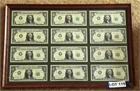 Framed Consecutive Letters (A-L) One Dollar Bills