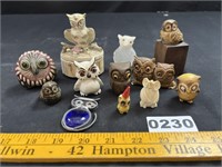 Owl Figurines, Trinket Box, Stained Glass