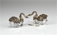 Pair of Birks silver and cut glass swan form salts