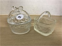 2 Small Glass Basket Trinket Boxes One With Lid