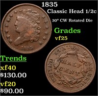 1835 Classic Head 1/2c Grades vf+