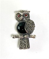 Sterling Black Onyx/Garnet Owl Pin/Brooch 6 Grams