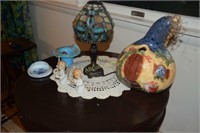 14" Tiffany Style Lamp; Delft ashtray; gourd