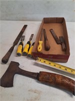 Wood chisels, hatchet and misc