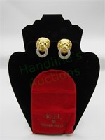 KJL Lion Doorknocker Crystal Earrings Vintage