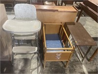 Vintage hi chair , crib and stand on wheels