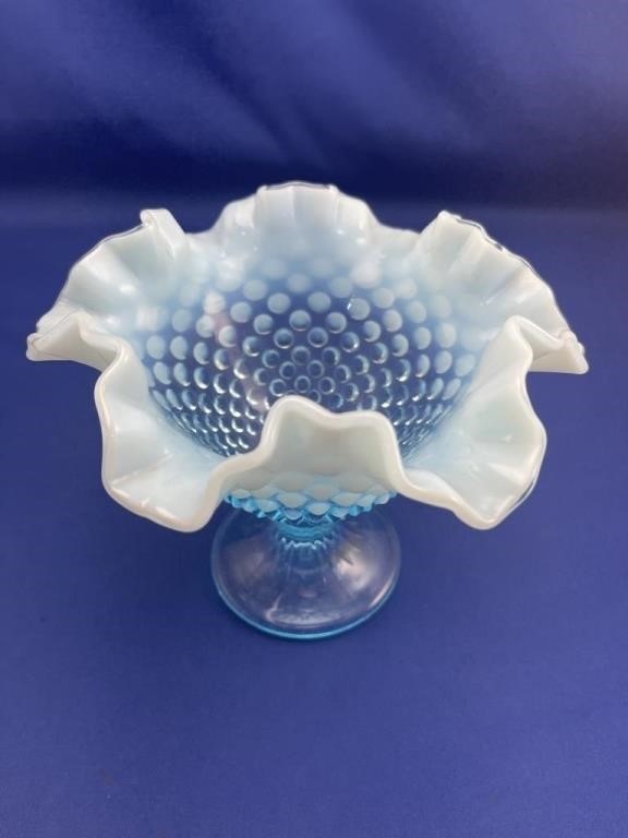 Fenton Blue Opalescent Hobnail Footed Bowl Ruffle