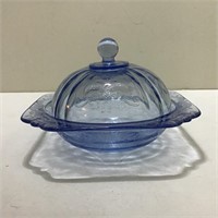 BLUE DEPRESSION GLASS COVERED DISH