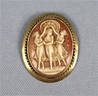 10K Gold Mounted Three Graces Cameo Brooch Pendant