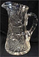 CUT GLASS PITCHER, 16 RAY BOTTOM, 9in H