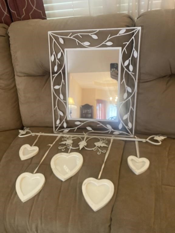 White metal mirror hanging hearts picture frames