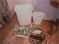 Two Plastic Trash Cans & All Extension Cords Shown