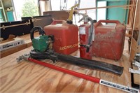 Pipe bender, 2 gas cans, fire extinguisher,