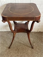 Art Deco Solid Wood Leather-Top Accent Table