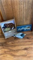 Wall Shelf, Duck Decoy, & Antiques Sign