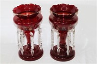 Pair of Victorian Ruby Flashed Lustre Lamps,