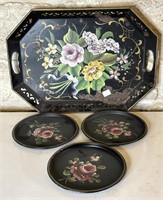 Vintage Metal Hand-Painted Handled Tray and