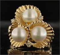 14kt Gold Vintage Pearl & Diamond Designer Ring