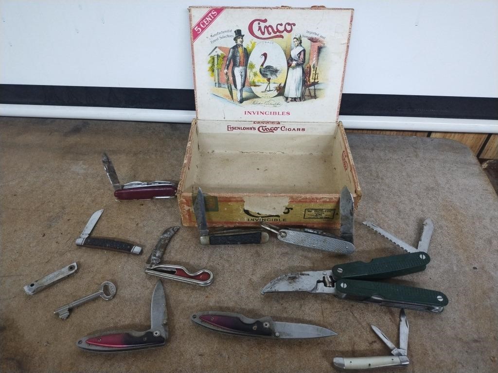 9 JACKKNIVES,MULTI-TOOL,CABINET KEY,OLD CIGAR BOX