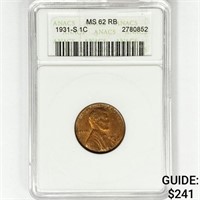 1931-S Wheat Cent ANACS MS62 RB