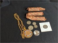 COIN LOT W/ WHEAT PENNIES, 3 CENT PC, SOME SILVER