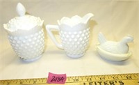 Lot: Milk Glass Hobnail Cream & Sugar, Hen on Nest