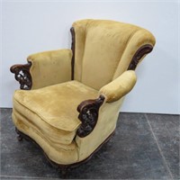 Ornate Wood Carved Upholstered Arm Chair