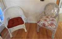 Two chairs to include a white wicker open arm