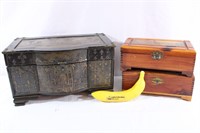 3 Vtg. Cedar Boxes, Foil-Accented Wooden Chest