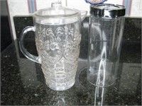 1 - 11" Plastic Pitcher & 1 -10.5" Glass Container