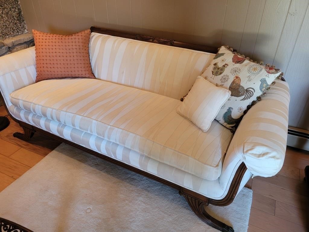 Cream couch- wooden legs and accents/ 3 pillows
