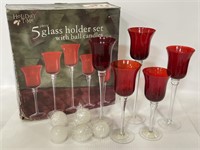 Five piece red glass holder set & ball candles