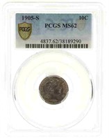 1905-S US BARBER 10C SILVER COIN PCGS MS62