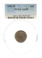 1903-O US BARBER 10C SILVER COIN PCGS AU58